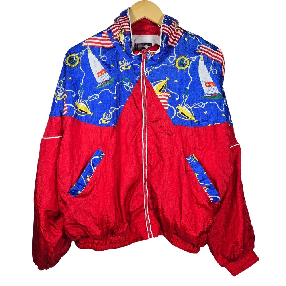 Basic Rituals Womens Vintage Nautical Windbreaker Jacket Red Blue Sailboat Sz M